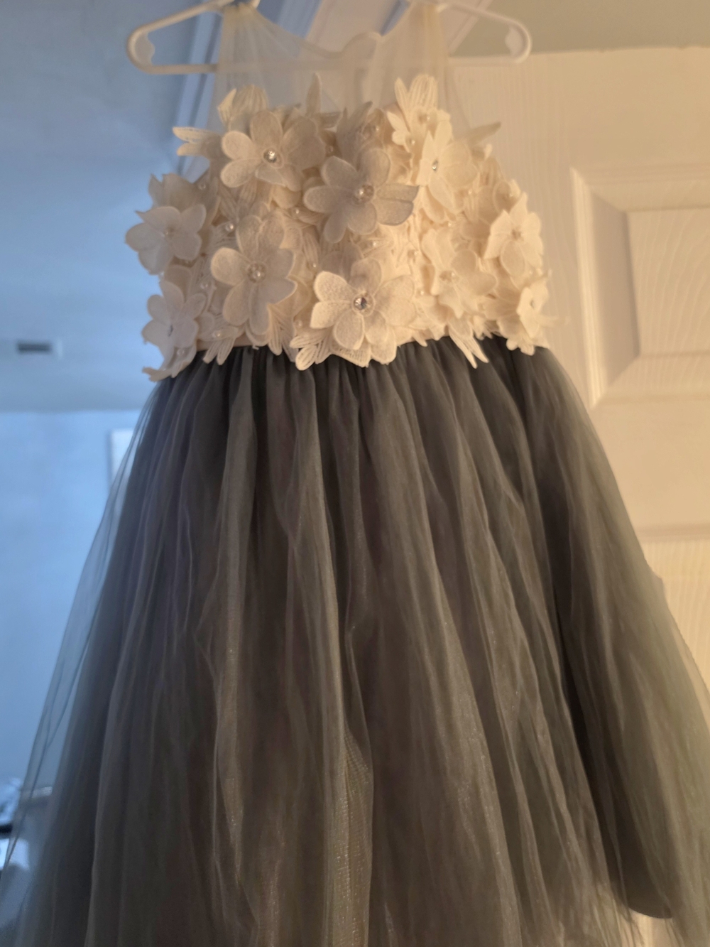 Ivory Floral Bodice and Charcoal Tulle Dress